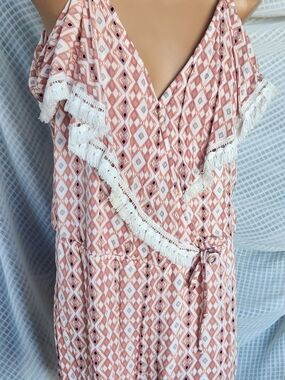 Takara Pink and White Geometric Fringe-Trim Jumpsuit